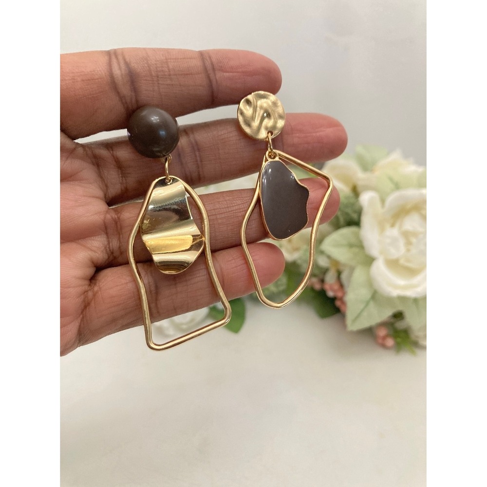 Gold Abstract Geometric Statement Drop Earrings Boho Asymmetrical Artsy - Picture 6 of 15